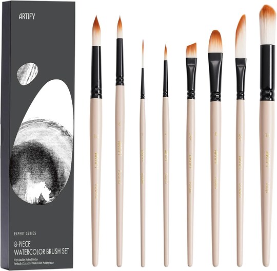 ARTIFY ART SUPPLIES; ARTIFY Watercolor Brush Set, 8 Pcs Professional Paint Brushes with Case for Beginners and Artists, Various Shapes, Optimized Hairs for Watercolor, Gouache, Ink, Tempera, and Fabric Painting; Category:Watercolor; Image:1